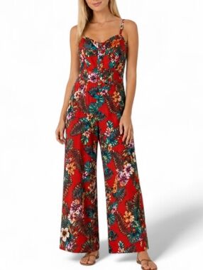 Urban Rebel Tropical Floral Jumpsuit Size M NWT Wide Leg Red 52” Length